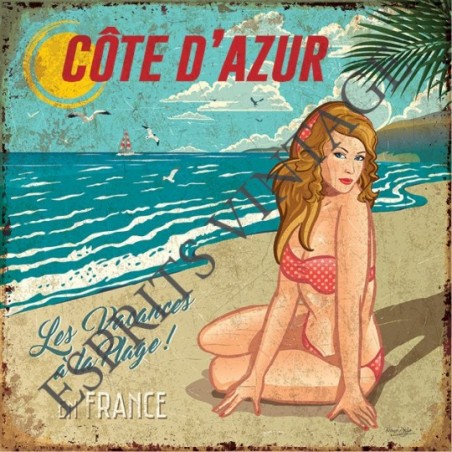 Plateau métal 18 x 24 cm pin-up vintage sur une plage de cote d'azur