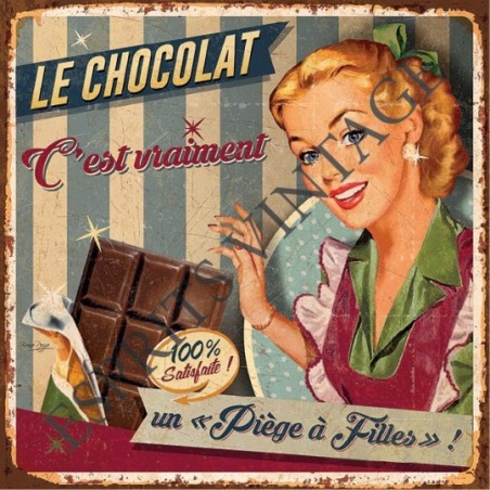 Plaque métal 19x19 19 x 19 cm une publicité  manière pin-up pour du chocolat
