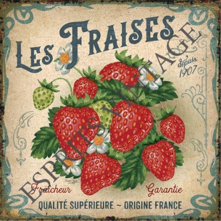 Plaque métal 19x19 19 x 19 cm assortiment de fraises fraiches origine France