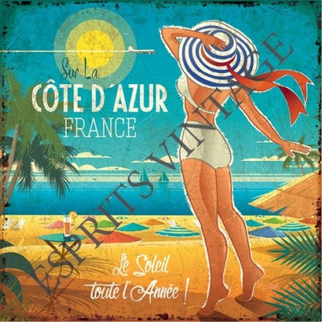 Plaque métal 19x19 19 x 19 cm pin-up chapeau rayures bleues sous grand soleil cote d'azur