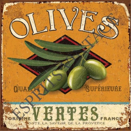 Plaque métal 29x29 29 x 29 cm olives vertes qualité superieure fond orange