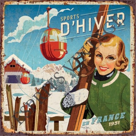 Plaque métal 29x29 29 x 29 cm pin-up sports d'hiver