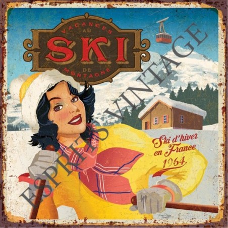 Plaque métal 29x29 29 x 29 cm pin-up ski combinaison jaune