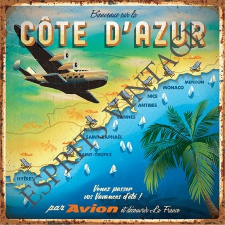 Plaque métal 29x29 29 x 29 cm cote d'azur survolé par un avion touristique